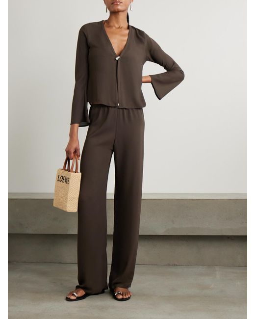 SARA CRISTINA Brown Nerea Pearl-Embellished Recycled Silk-Georgette Top