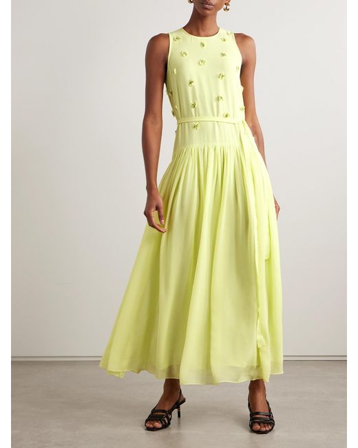 Ulla Johnson Yellow Eleni Belted Embellished Silk-Georgette Maxi Dress