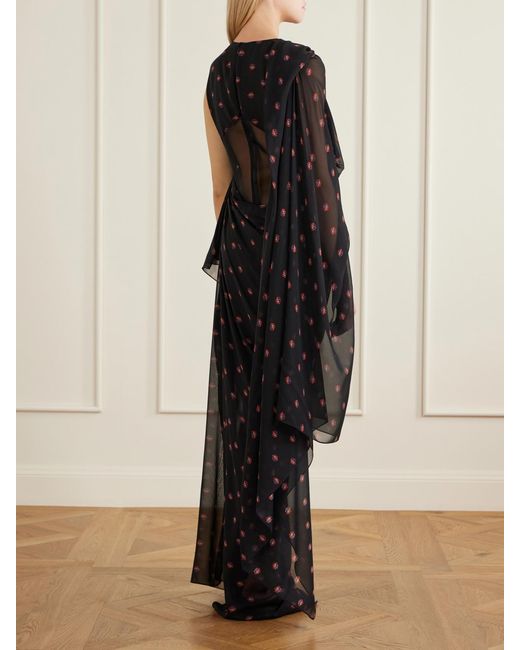 LIBEROWE Black Floral-Print Silk-Chiffon Gown