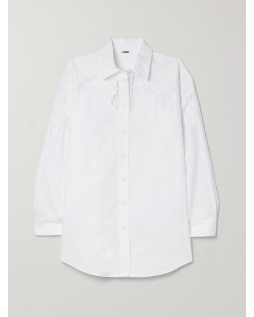 Adam Lippes White Embroidered Crochet-Trimmed Cotton-Poplin Shirt