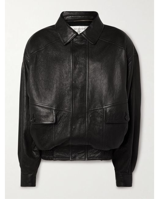 Saint Laurent Black Textured-Leather Bomber Jacket