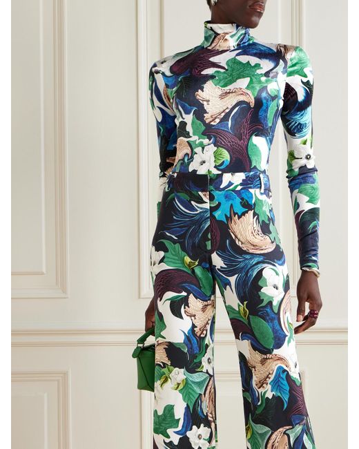 Mary Katrantzou Blue Jordan Printed Stretch-Velvet Turtleneck Bodysuit