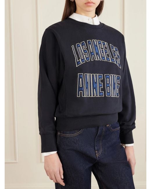 Anine Bing Blue Harry Embroidered Appliquéd Cotton-Jersey Sweatshirt
