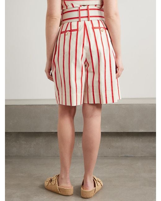 Rosie Assoulin Red Gestreifte Shorts Aus Einer Baumwollmischung Mit Fischgratmuster, Falten Und Gürtel