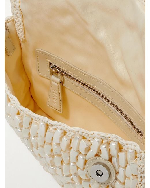 Staud Natural Timmy Schultertasche Aus Raffiabast Mit Lederbesätzen Und Kunstperlen