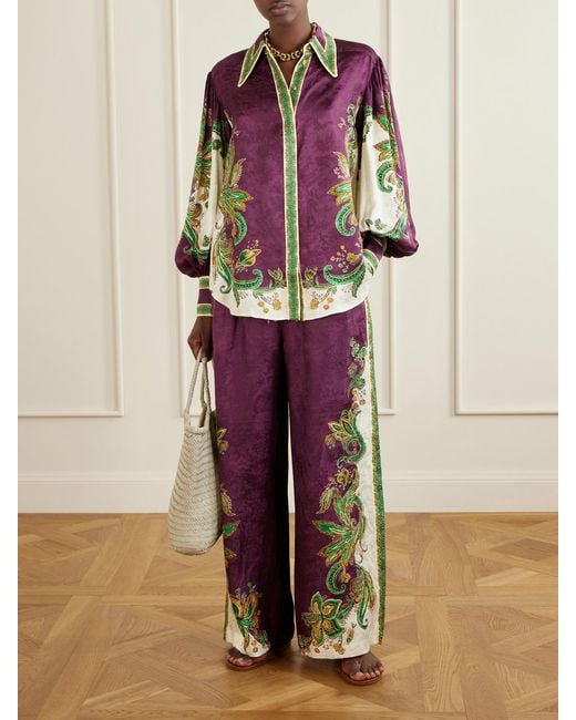 ALÉMAIS Purple Ruthie Printed Satin-Jacquard Wide-Leg Pants