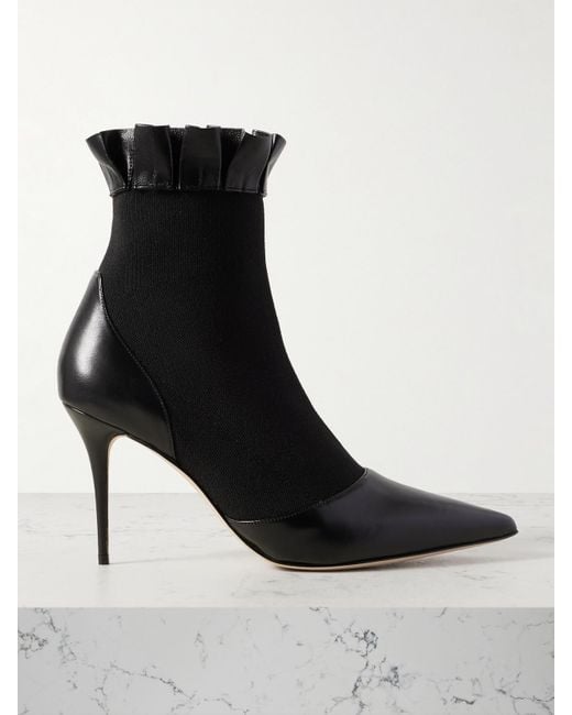 Manolo Blahnik Black Nafar 90 Ankle Boots Mit Spitzer Kappe Aus Stretch-Strick Mit Lederbesätzen Und Rüschen