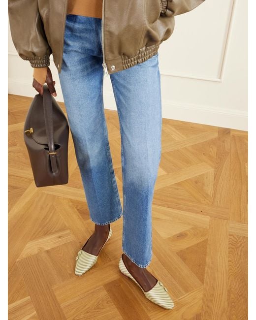 Manolo Blahnik Natural Fontenai Grosgrain-Trimmed Striped Satin Flats