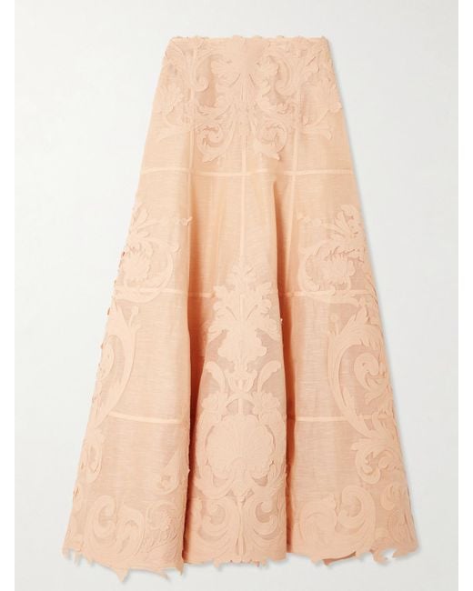 Zimmermann Natural Rebellion Appliquéd Linen And Silk-Blend Midi Skirt