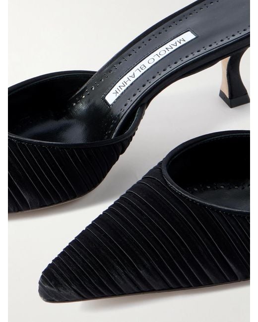 Manolo Blahnik Carolyne 50 Leather-Trimmed Pleated Satin Mules in