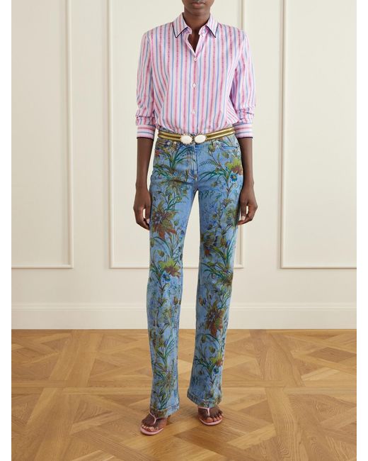 Etro Pink Striped Floral-Jacquard Cotton-Poplin Shirt