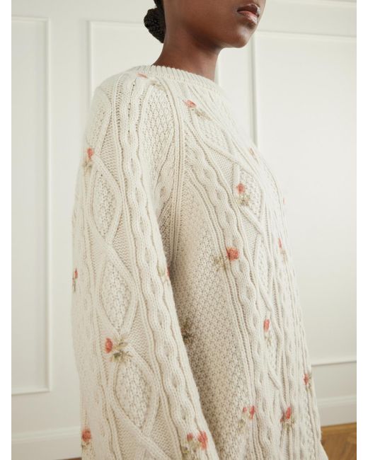 Magda Butrym Natural Floral-Print Cable-Knit Wool And Cashmere-Blend Sweater