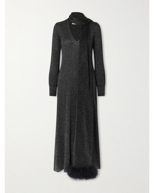 Valentino Garavani Black Scarf-Detailed Feather-Trimmed Metallic Ribbed-Knit Midi Dress