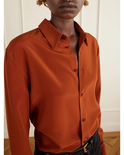 Saint Laurent Orange Logo-Embroidered Silk-Crepe Blouse