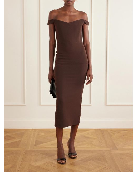 Alex Perry Brown Off-The-Shoulder Crepe Midi Dress