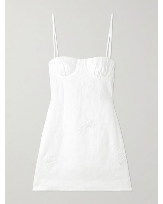Sir White Alessandra Gathered Embroidered Linen Mini Dress