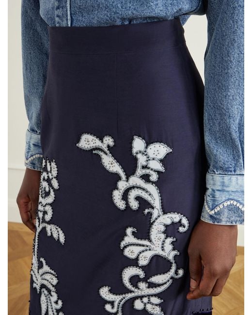 ALÉMAIS Blue Dillon Crystal And Bead-Embellished Fringed Appliquéd Satin Midi Skirt