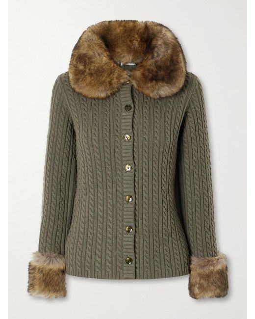 Saint Laurent Green Shearling-Trimmed Cable-Knit Cashmere Cardigan