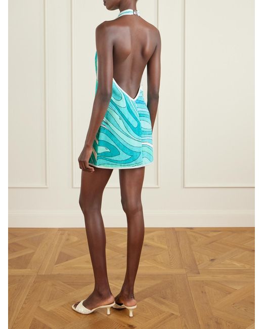 Emilio Pucci Blue Printed Cotton-Terry Halterneck Mini Dress
