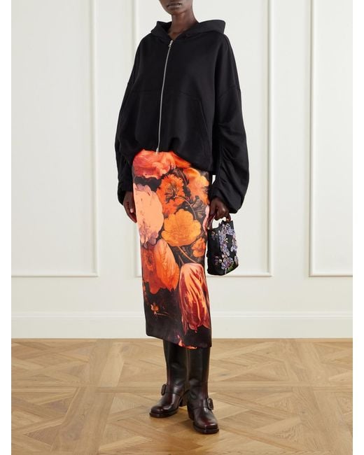 Dries Van Noten Orange Floral-Print Satin-Duchesse Midi Skirt