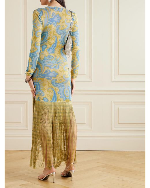 Etro Blue Fringed Printed Metallic Knitted Dress