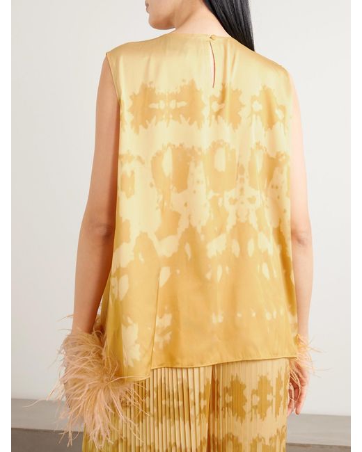 ‎Dima Ayad Yellow Feather-Trimmed Tie-Dyed Satin Top