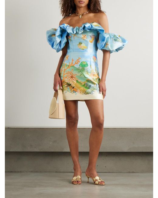 ALÉMAIS Blue Sam Pauletto Emerald Cove Off-The-Shoulder Gathered Printed Recycled Duchesse-Satin Mini Dress