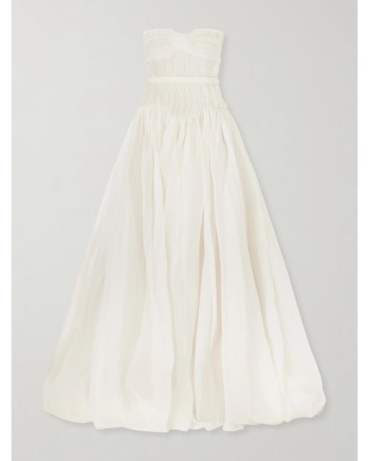 Danielle Frankel White Henrietta Strapless Bustier Crinkled Silk-Organza Gown