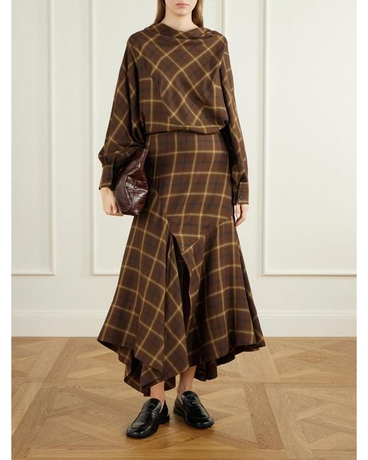 Co. Brown Slash Checked Crepe Midi Skirt