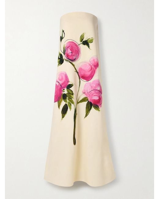 Oscar de la Renta Pink Trägerlose Robe Aus Crêpe Aus Einer Wollmischung Mit Print