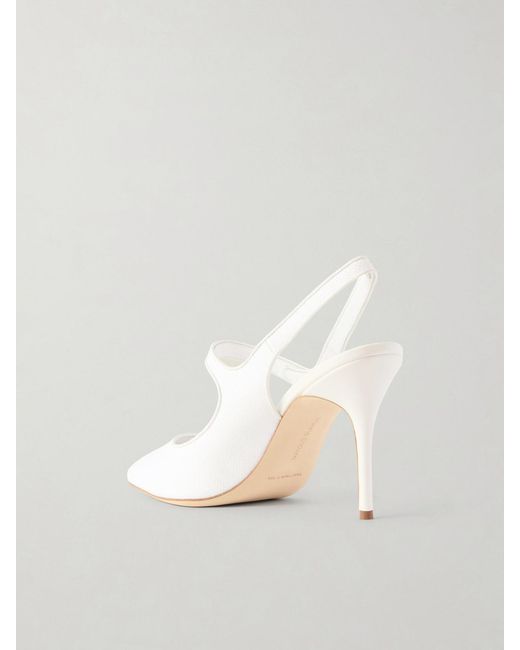 Manolo Blahnik Natural Camparisli 90 Leather-Trimmed Raffia Mary Jane Slingback Pumps
