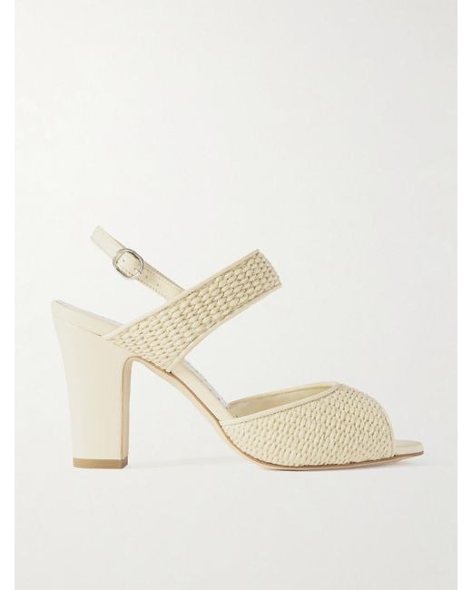 Manolo Blahnik Natural Khiko 90 Leather-Trimmed Raffia Sandals