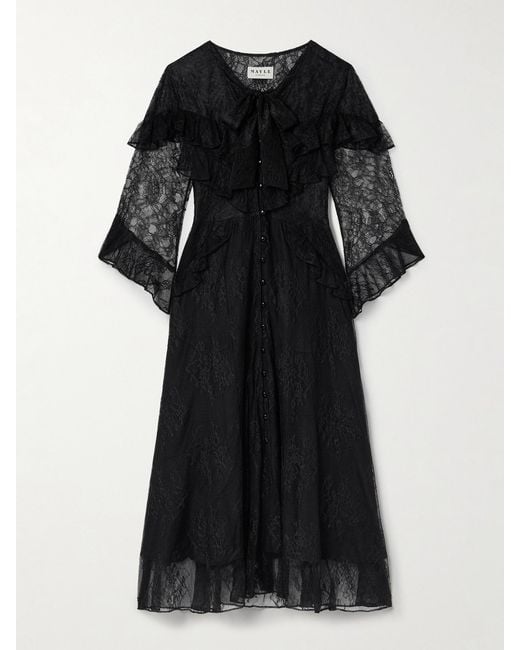 Maison Mayle Black Majorelle Tie-Neck Ruffled Chantilly Lace Maxi Dress