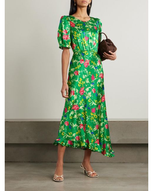 Saloni Green Vida D Ruffled Floral-Print Silk-Satin Dress