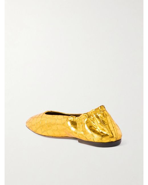 Dries Van Noten Yellow Metallic Croc-Effect Leather Ballet Flats