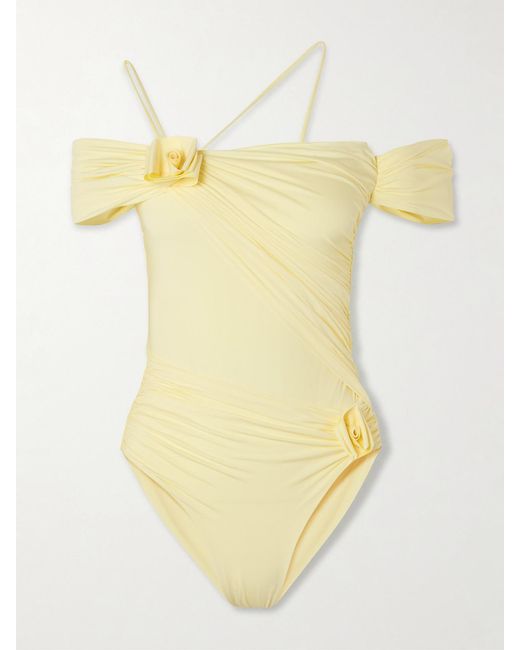 Maygel Coronel Yellow Fiorella Off-The-Shoulder Appliquéd Ruched Swimsuit