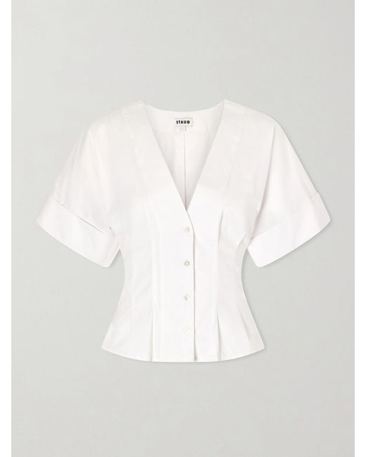 Staud White Elle Pleated Cotton-Blend Poplin Blouse