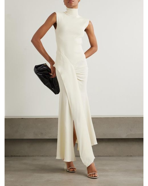 Victoria Beckham White Asymmetric Ribbed-Knit And Draped Crepe Turtleneck Dress
