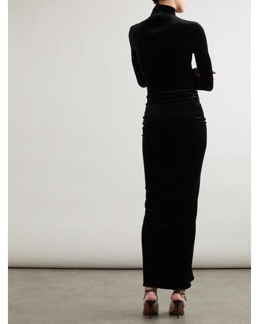 Alaïa Black Ruched Crushed-Velvet Turtleneck Midi Dress