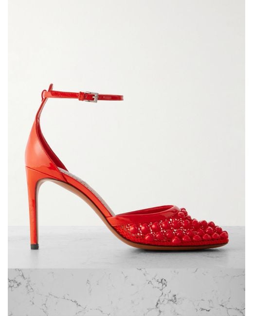 Alaïa Red 90 Embellished Fishnet And Patent-Leather Pumps