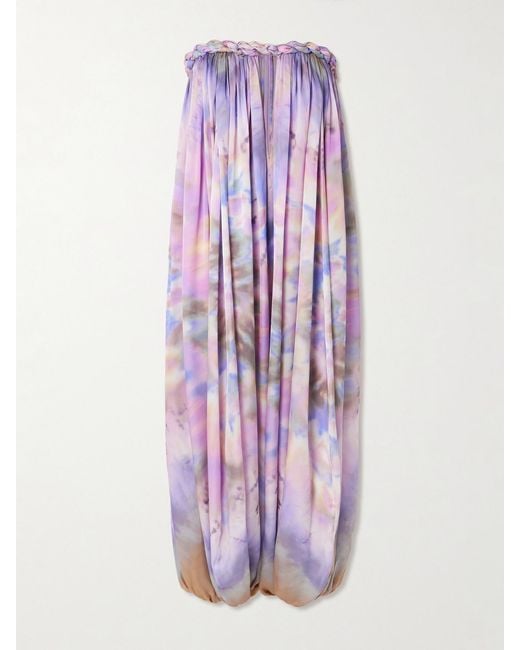 Zimmermann Purple Luna Strapless Gathered Printed Silk-Satin Jumpsuit