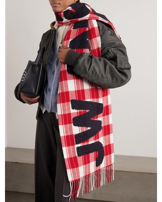 J.W. Anderson Red Fringed Appliquéd Checked Wool-Blend Scarf