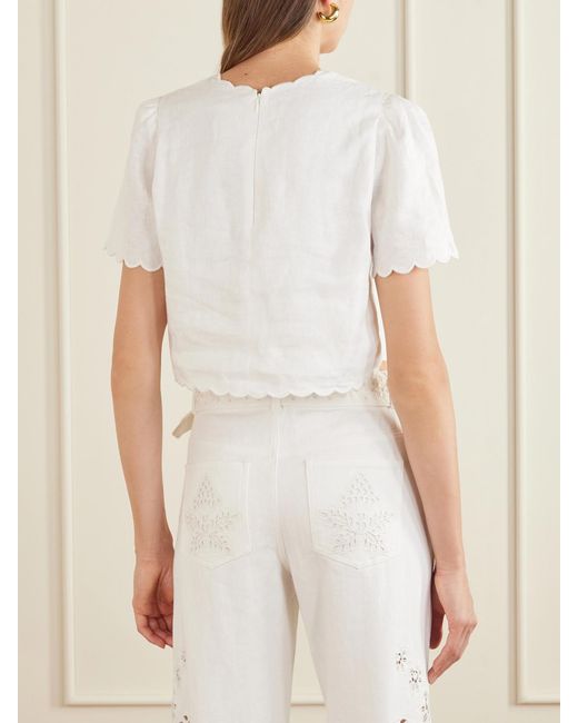 Farm Rio White Cropped Floral-Appliquéd Scalloped Linen Top