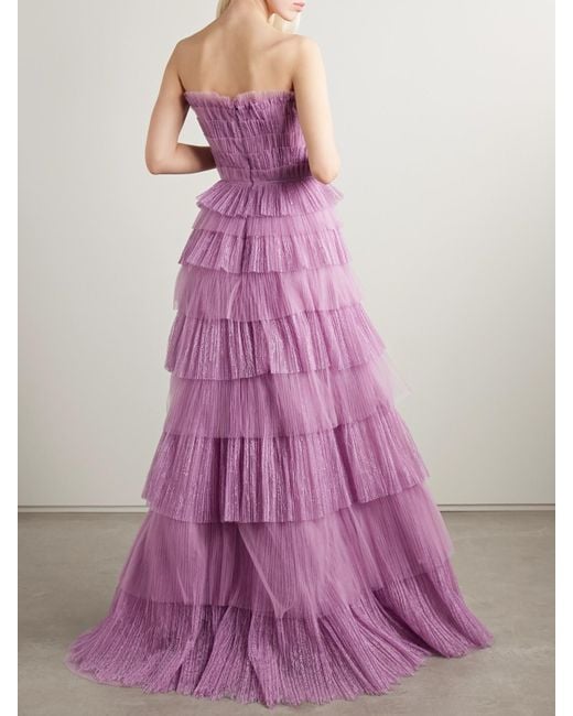 Costarellos Purple Trissa Strapless Tiered Plissé-Tulle And Chantilly Lace Gown