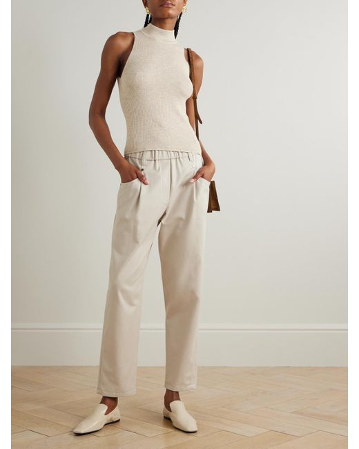 Brunello Cucinelli Natural Metallic Ribbed-Knit Turtleneck Tank