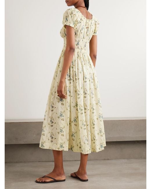 Doen Metallic Ashlynn Tie-Detailed Shirred Floral-Print Organic Cotton-Voile Midi Dress