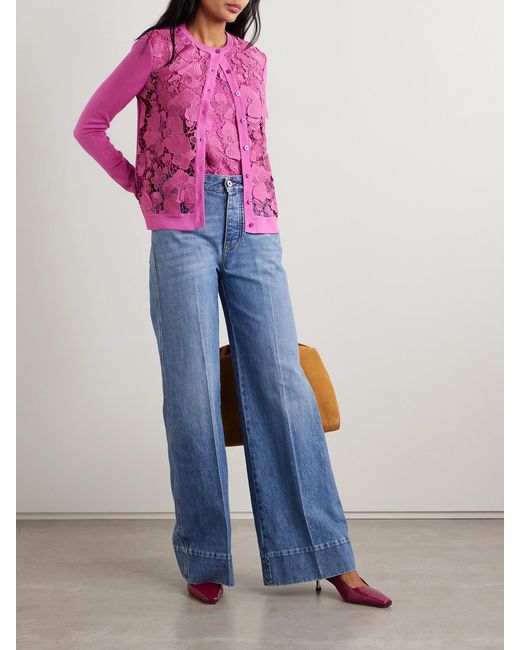 Oscar de la Renta Pink Guipure Lace-Paneled Silk-Blend Cardigan