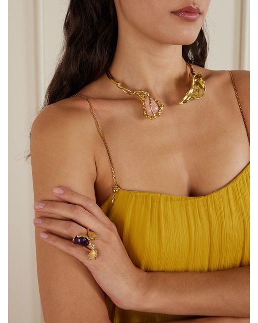 Chloé Metallic Flower Soul-Tone Rose Quartz Choker