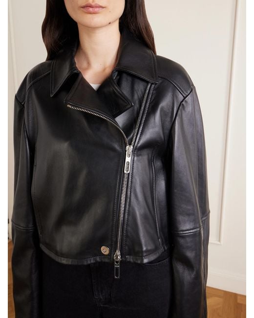 Sportmax Black Cropped Fringed Nappa Leather Biker Jacket