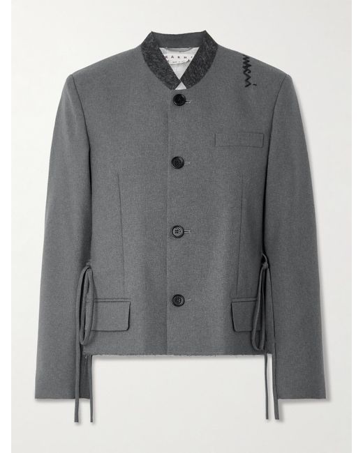 Marni Gray Felt-Trimmed Frayed Embroidered Wool Jacket